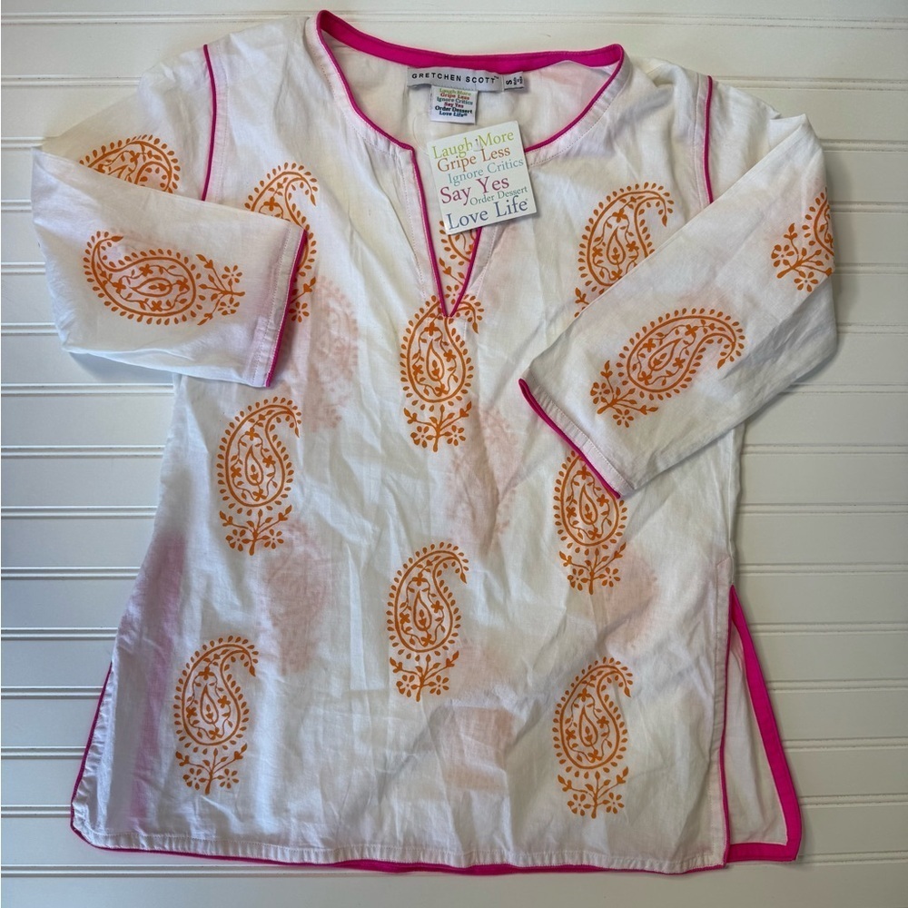 Gretchen Scott Cotton Tunic Blouse Top Pop Paisley Women Small NEW. 1427